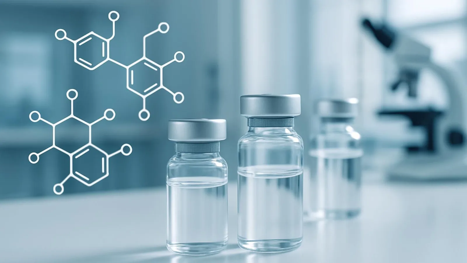 Three vials of bacteriostatic water on lab table with peptide structures superimposed