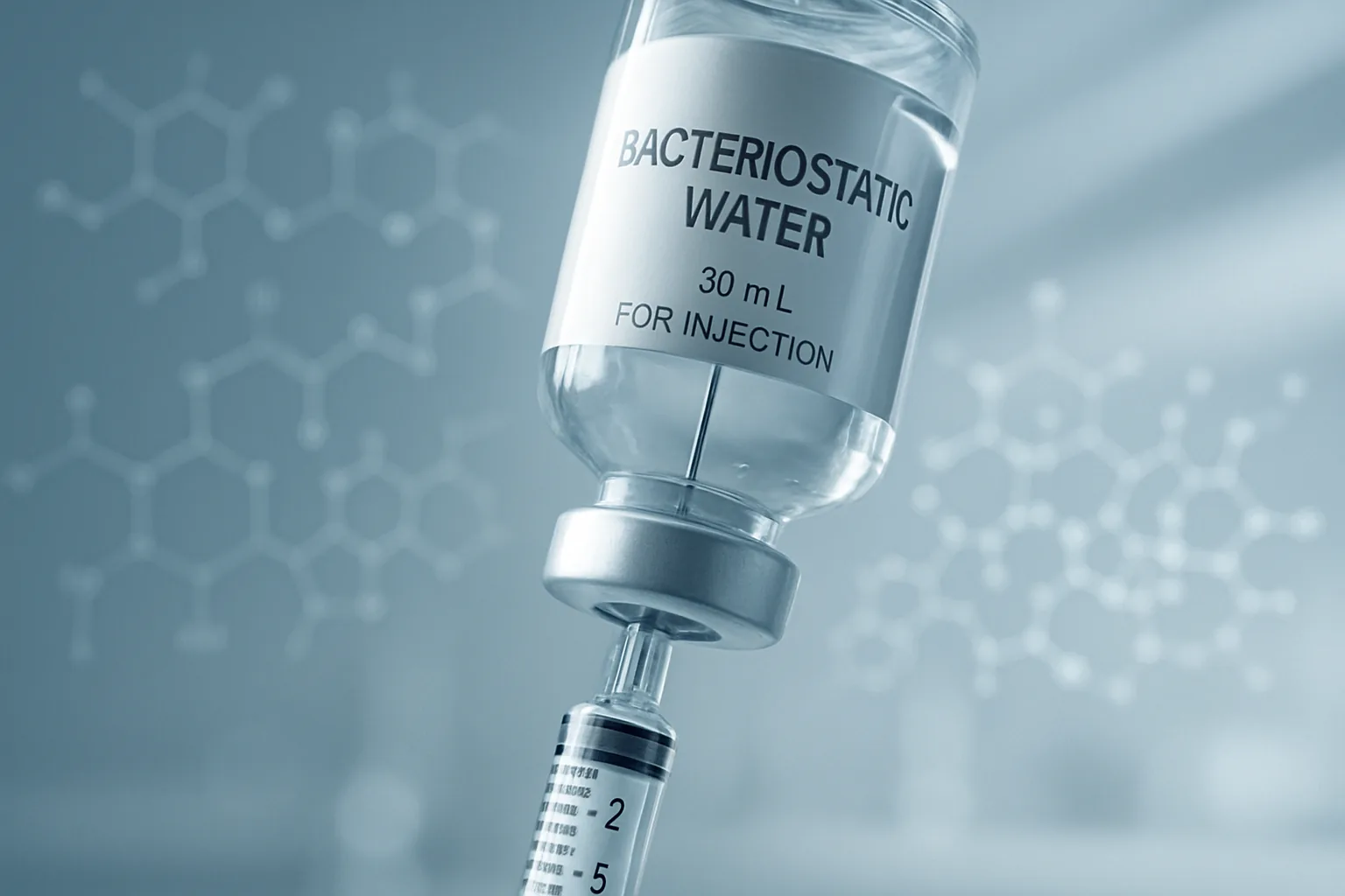 Bacteriostatic water vial being filled by a syringe. The label reads "Bacteriostatic Water for Injection".