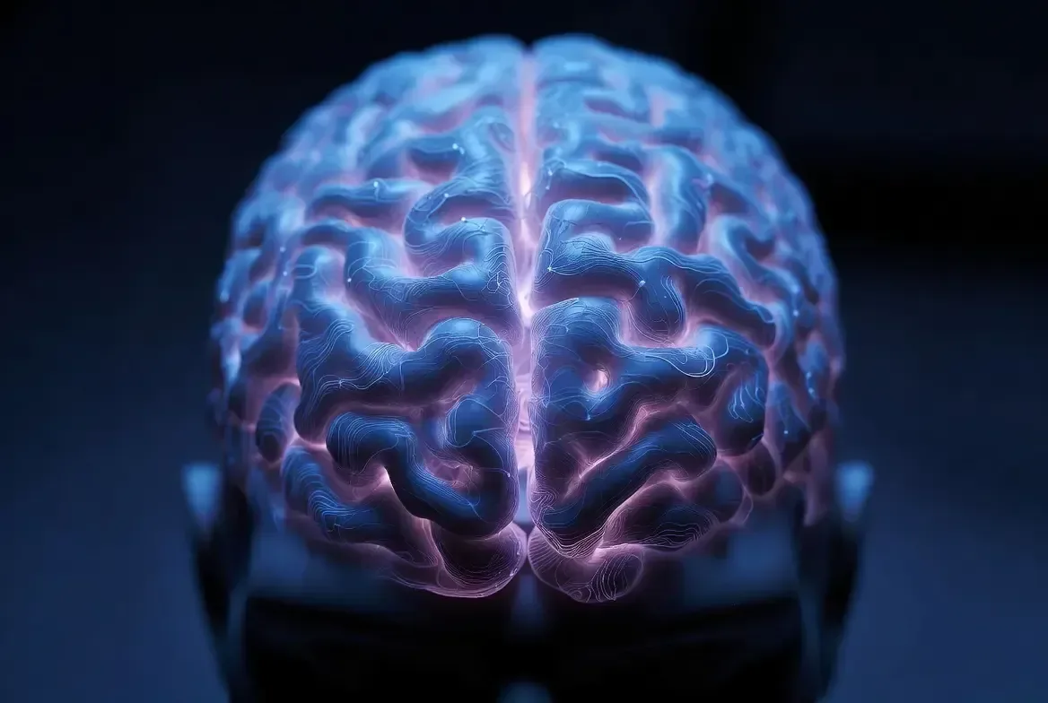 Top-down view of a neural network with synapse activity, illustrating research peptides studied for mental focus and cognition.