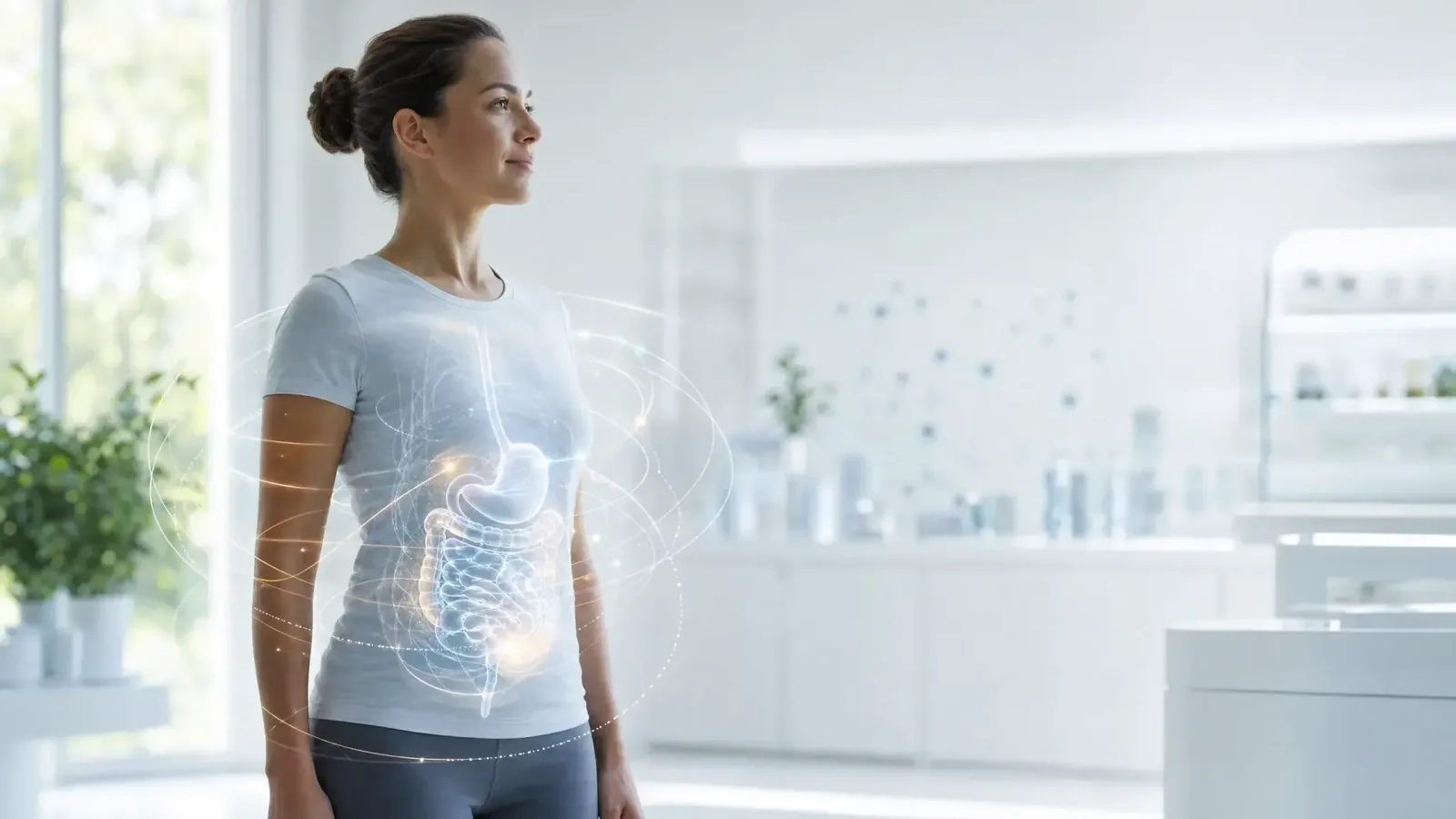 Person standing in a bright kitchen, holding their abdomen with a glowing digestive overlay.