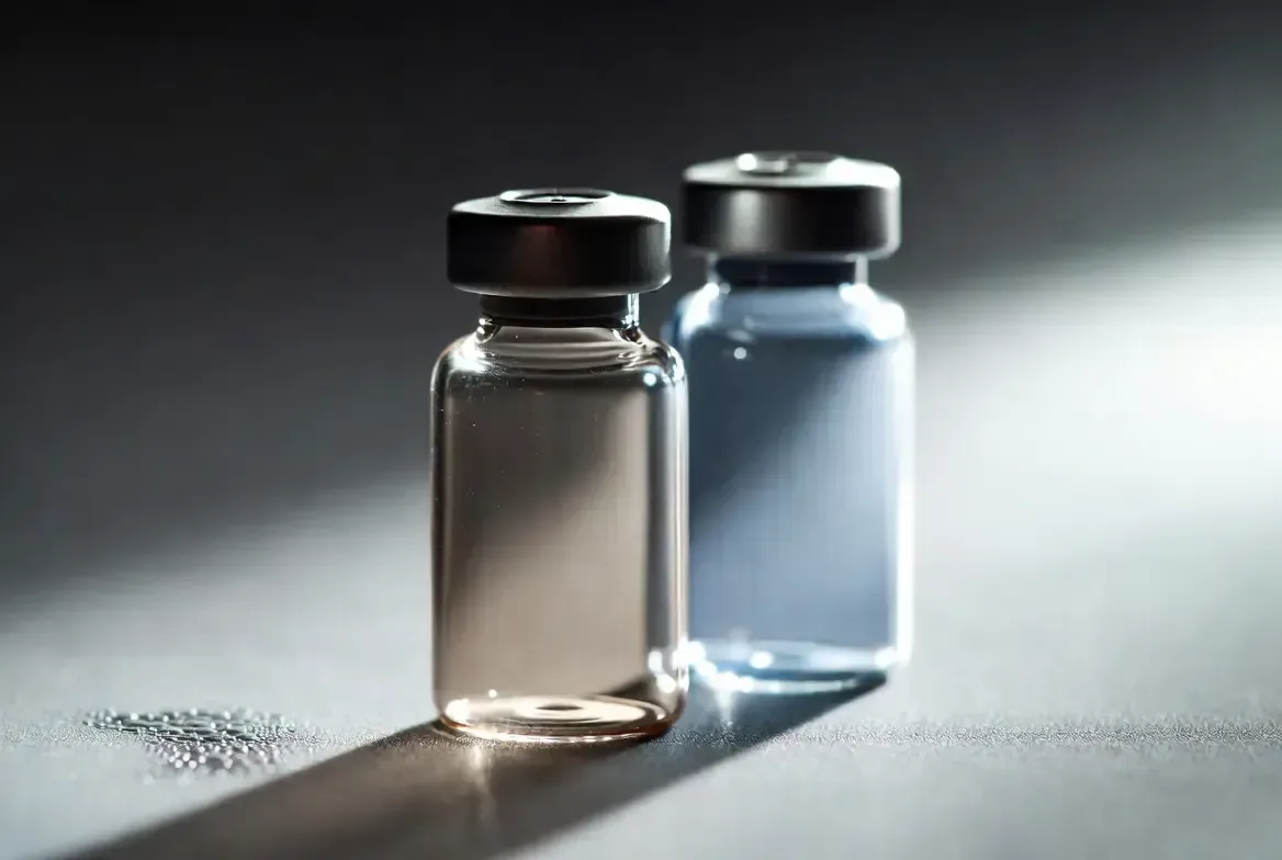 Two glass vials with black caps on a gray surface, one clear and one bluish, lit dramatically from the side