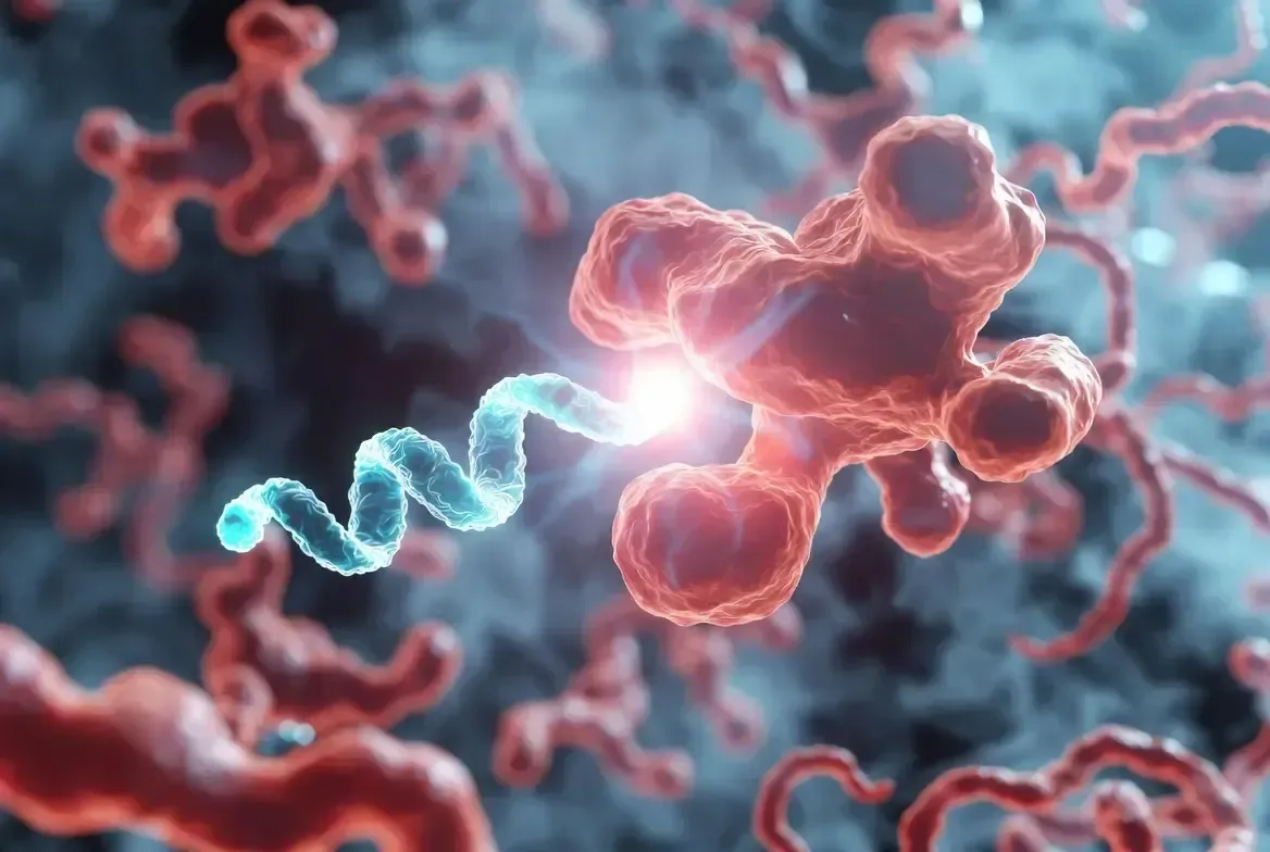 Closeup illustration of a peptide interacting with albumin in circulation