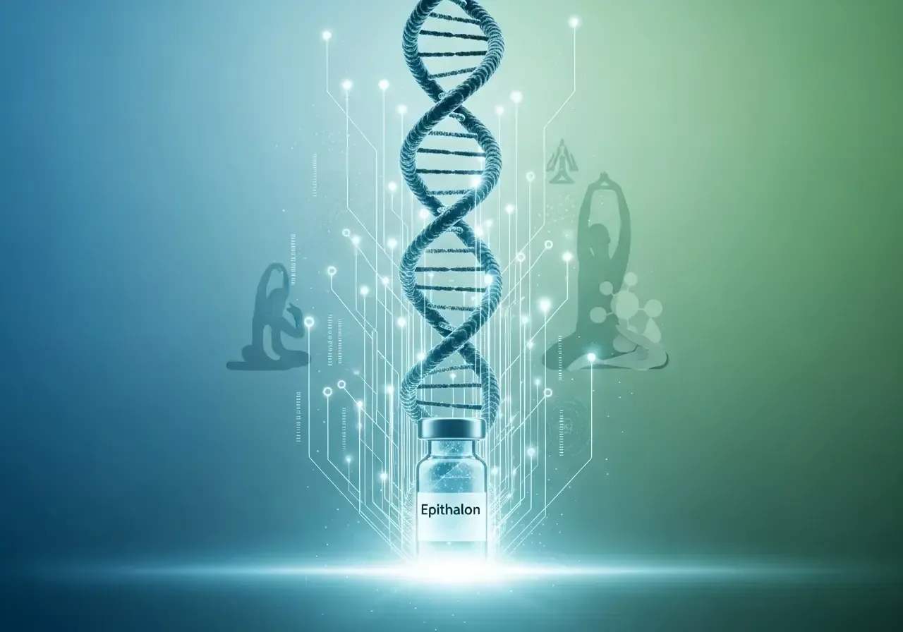 DNA helix over a vial labeled 