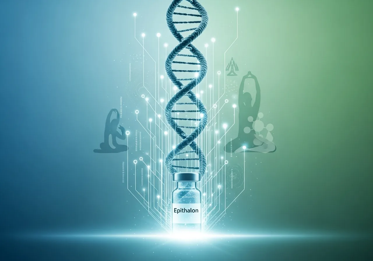 DNA helix over a vial labeled "Hypothetical." The scene is lit with blue and green light, with abstract figures.
