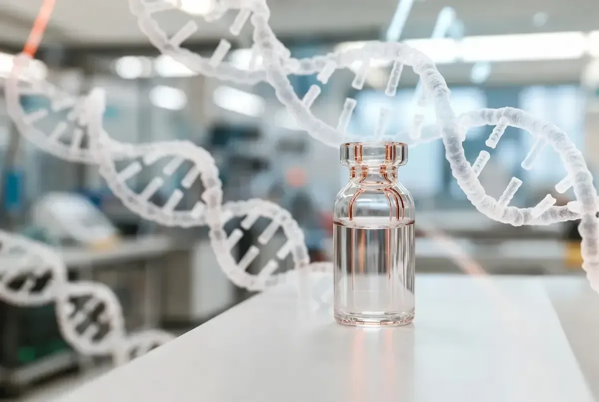 Close-up view of a glass vial with copper reflections in a research laboratory, with soft DNA helices in the background, for GHK-Cu longevity