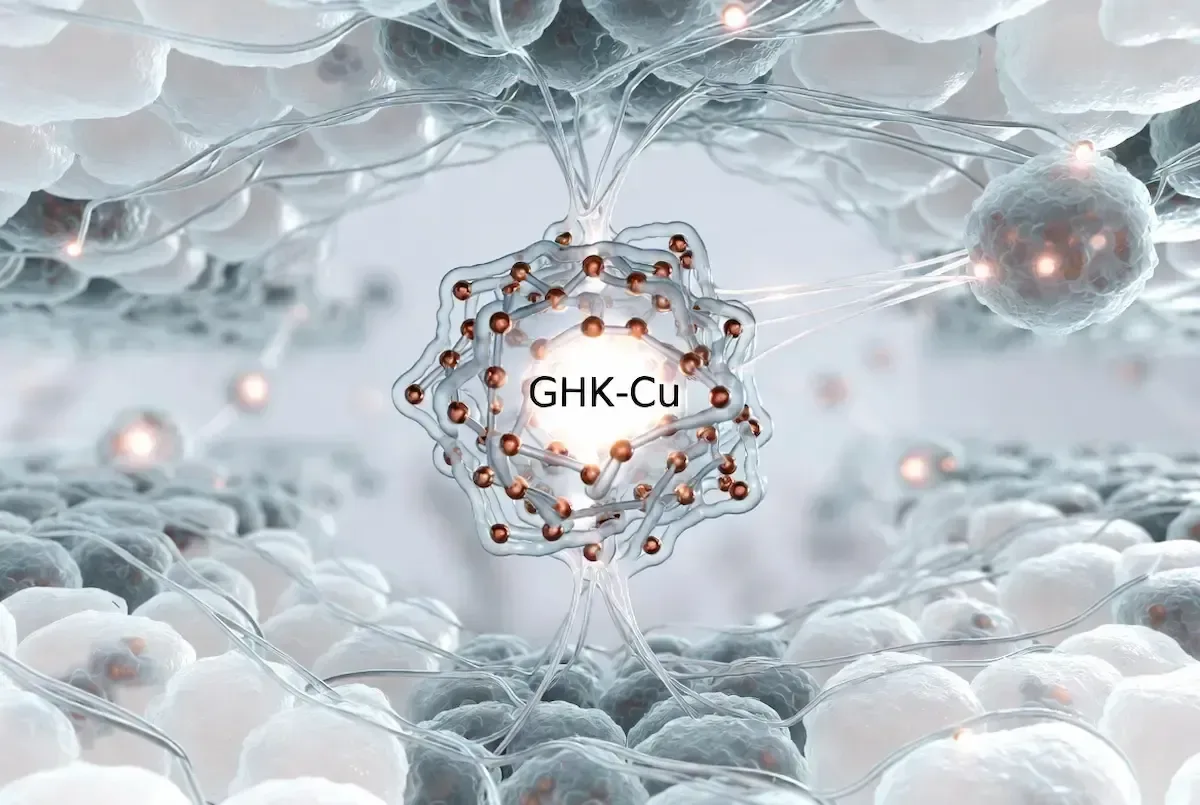 GHK-Cu is a copper peptide researched for its influence on gene expression pathways associated with cellular aging and tissue repair in longevity studies.