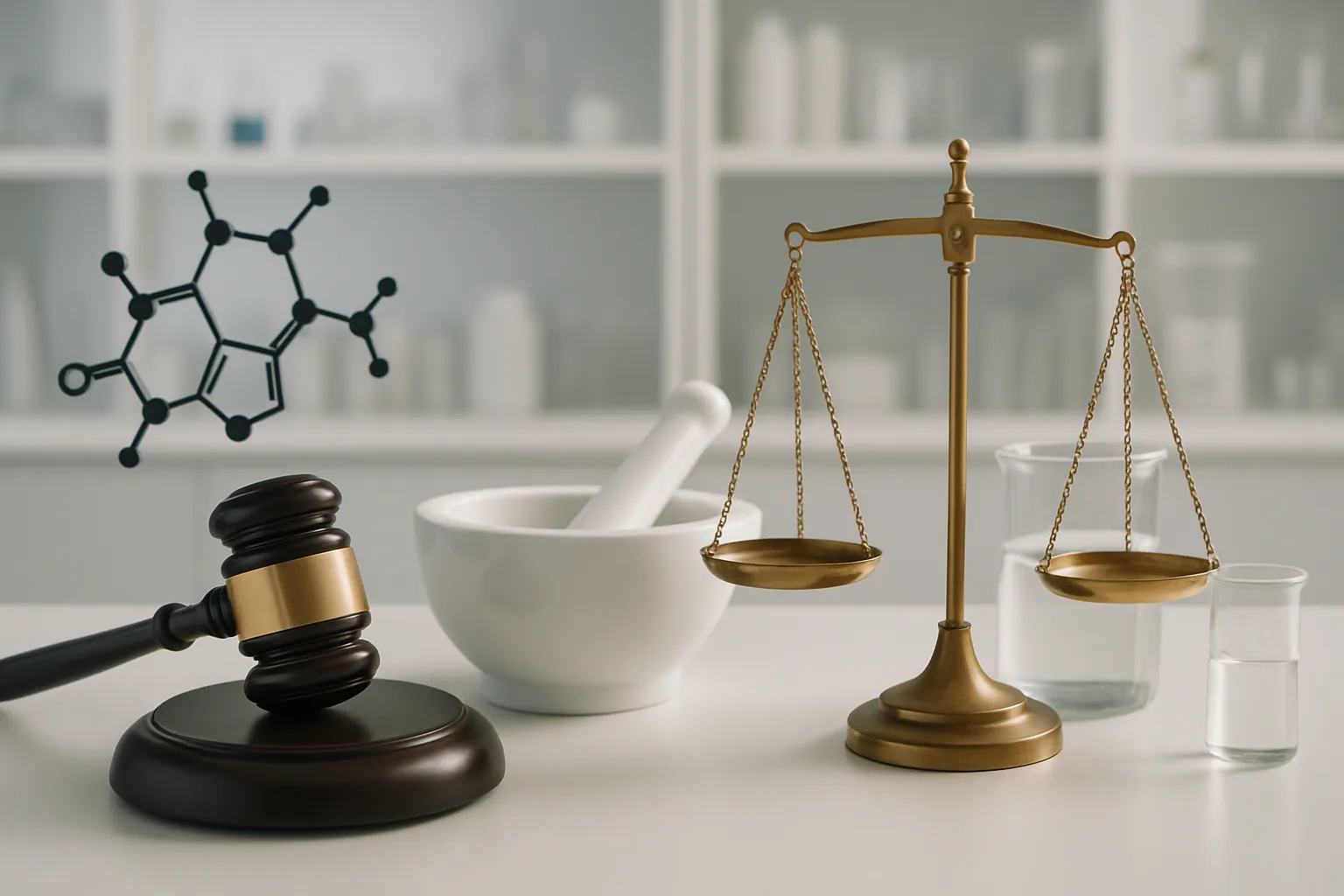 Gavel, scales, mortar and pestle, beakers, and caffeine molecule, symbolizing pharmaceutical law.