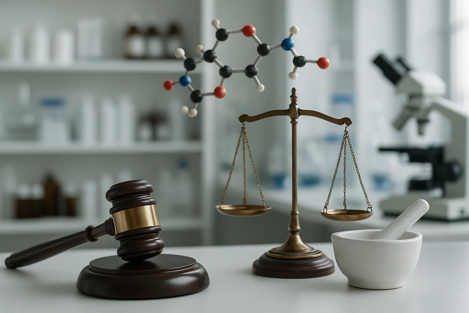 Gavel, scales of justice, chemical model, and mortar & pestle in a lab setting.