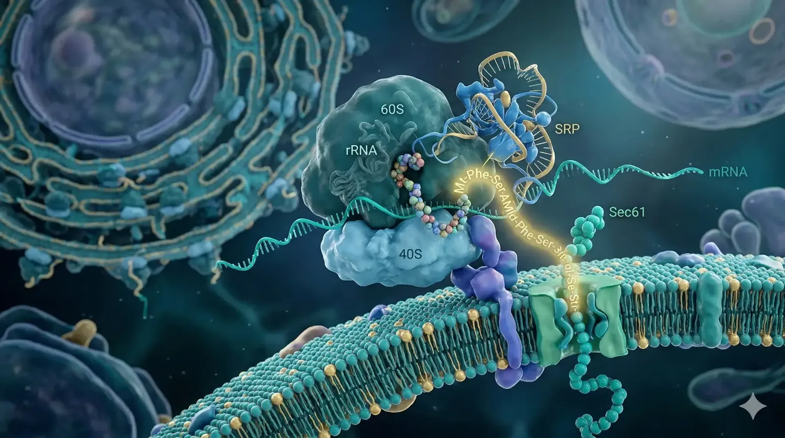 Signal peptide targeting: ribosome translating mRNA, SRP, and Sec61 translocon at the membrane.