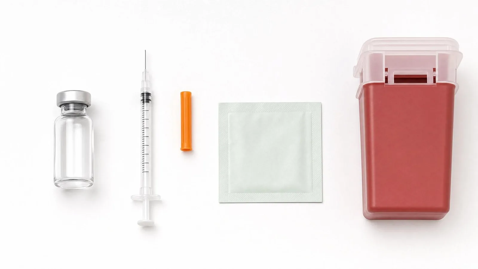Top-down flat lay of peptide injection supplies including vial, insulin syringe, alcohol swabs, and sharps container