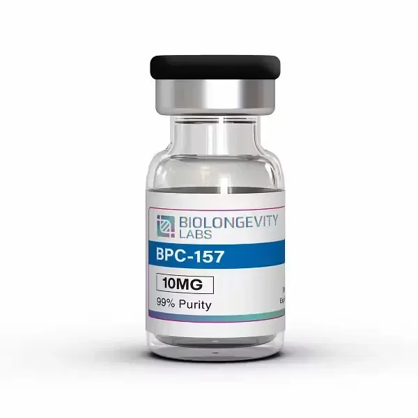 Biolongevity Labs BPC-157 10mg peptide vial with 99% purity label on clear glass bottle