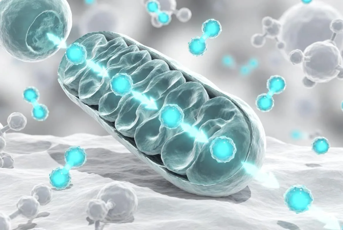 Cutaway 3D render of a mitochondrion surrounded by glowing energy molecules.