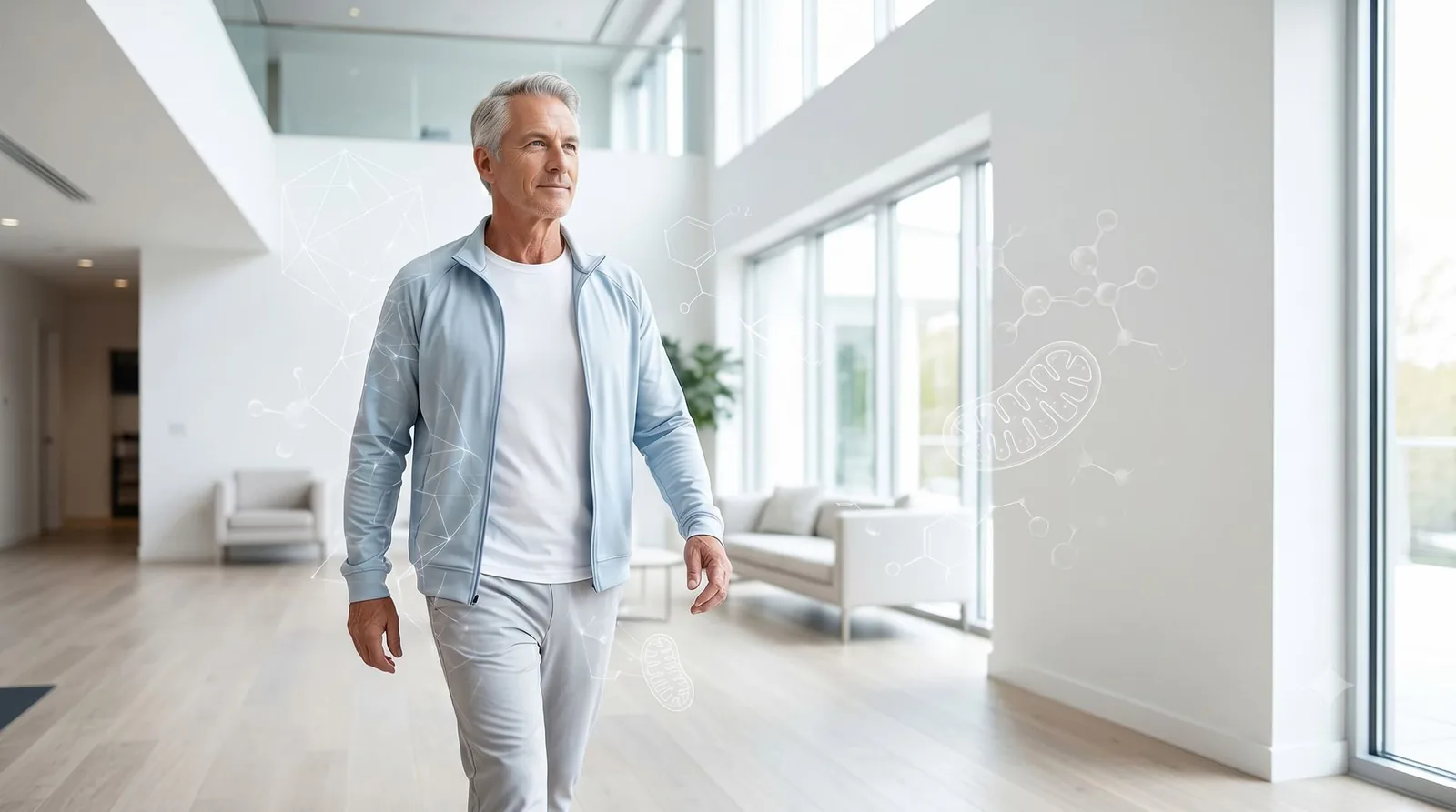 Confident healthy 60-year-old woman in active stride within bright contemporary wellness setting, with gentle molecular overlays evoking NAD+ contributions to cellular health and aging vitality