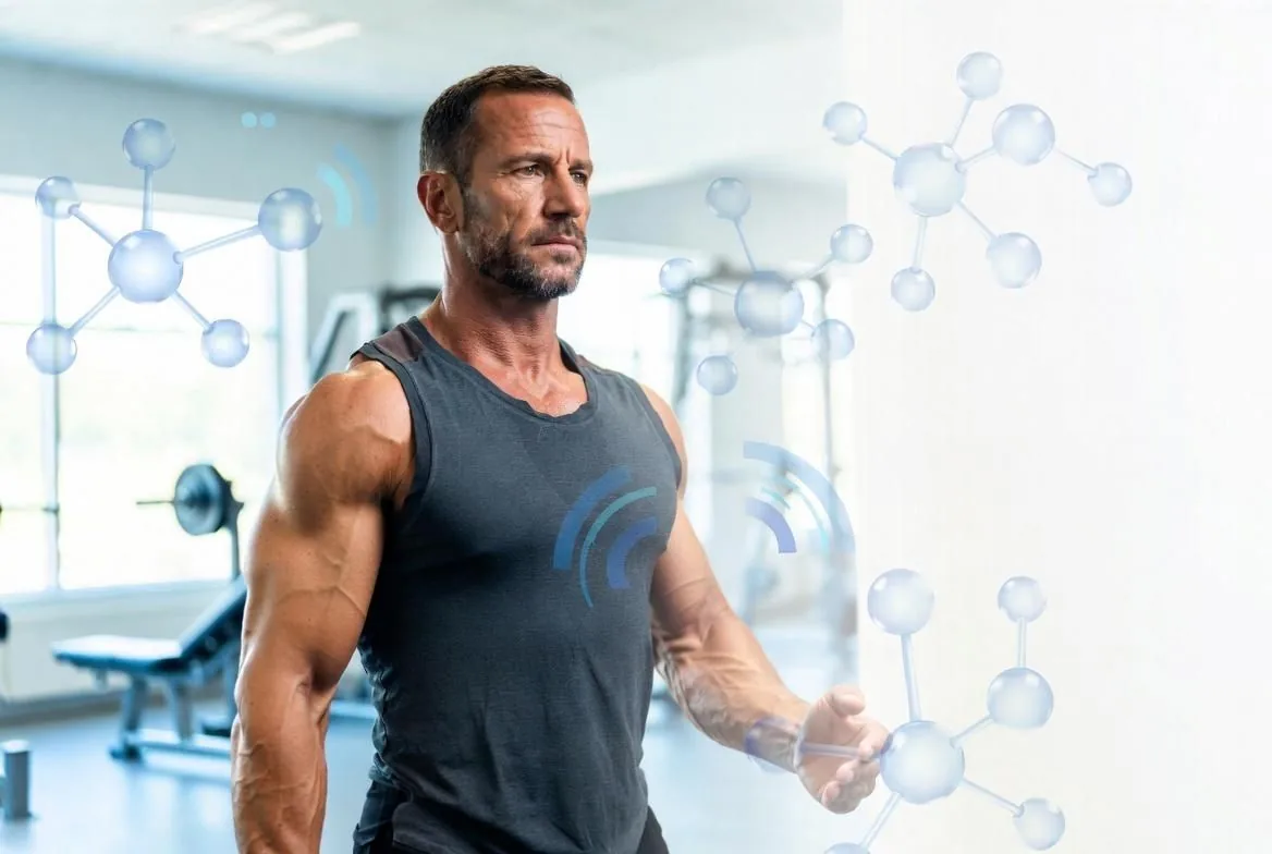 Illustration of male strength, recovery, and performance themes for peptide benefits in men