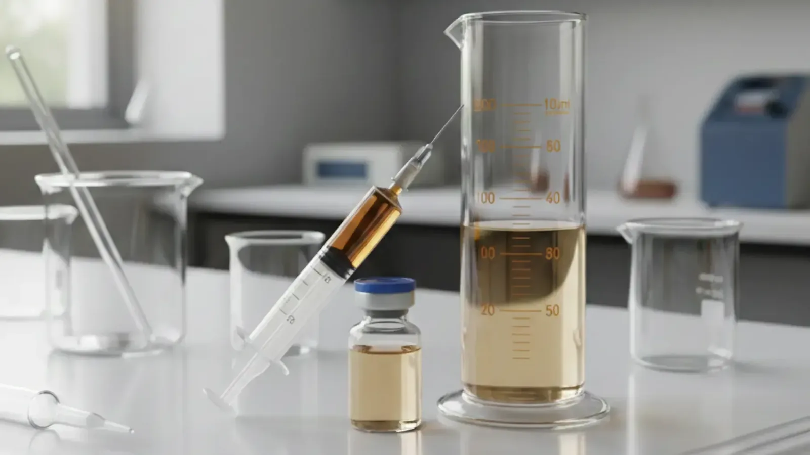 Peptide solution vial with graduated cylinder and syringe on clean lab bench