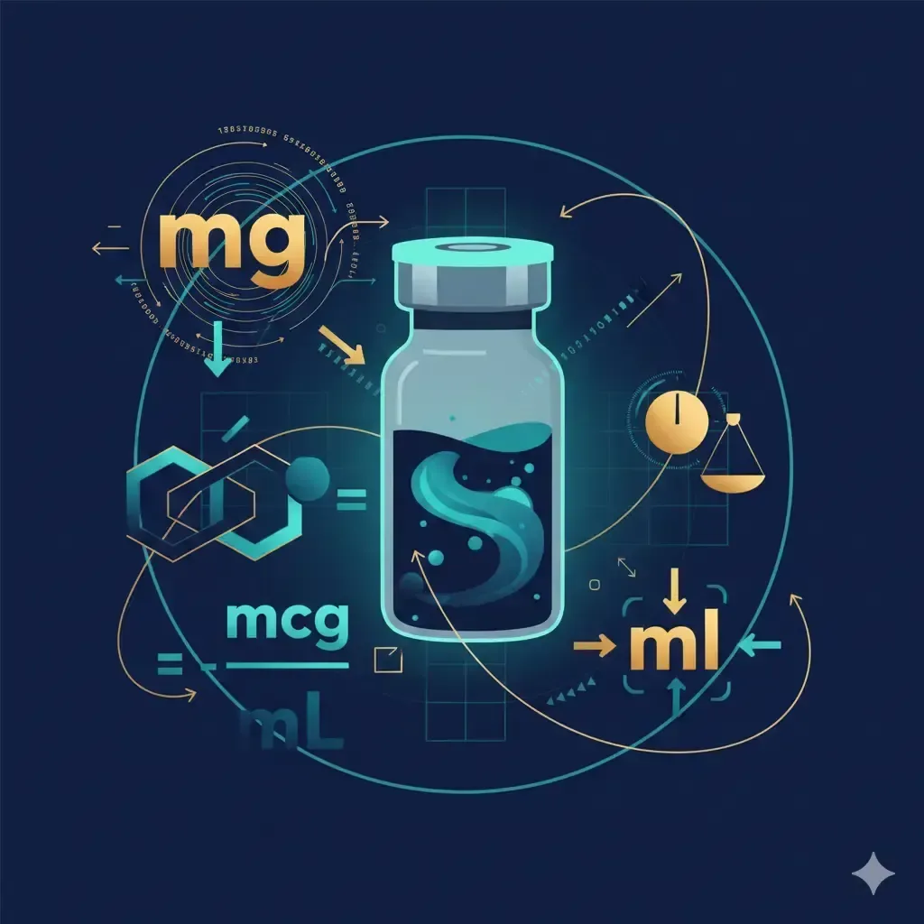 Illustration explaining peptide dosage math: milligrams, micrograms, milliliters, and concentration