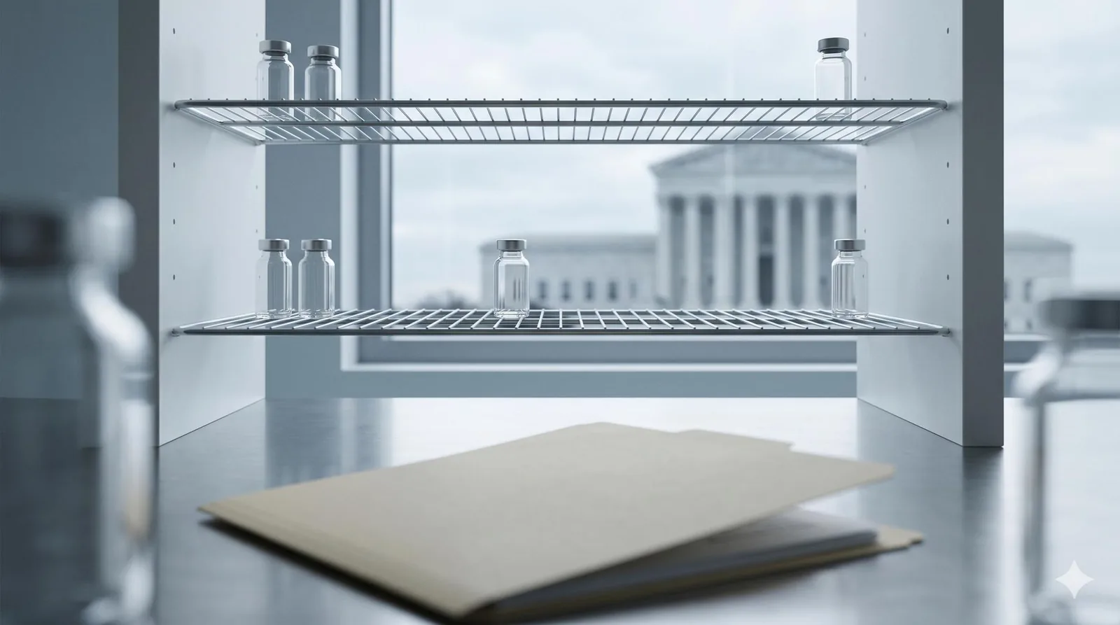 Empty regulatory shelves and courthouse silhouette representing FDA pressure on peptide industry