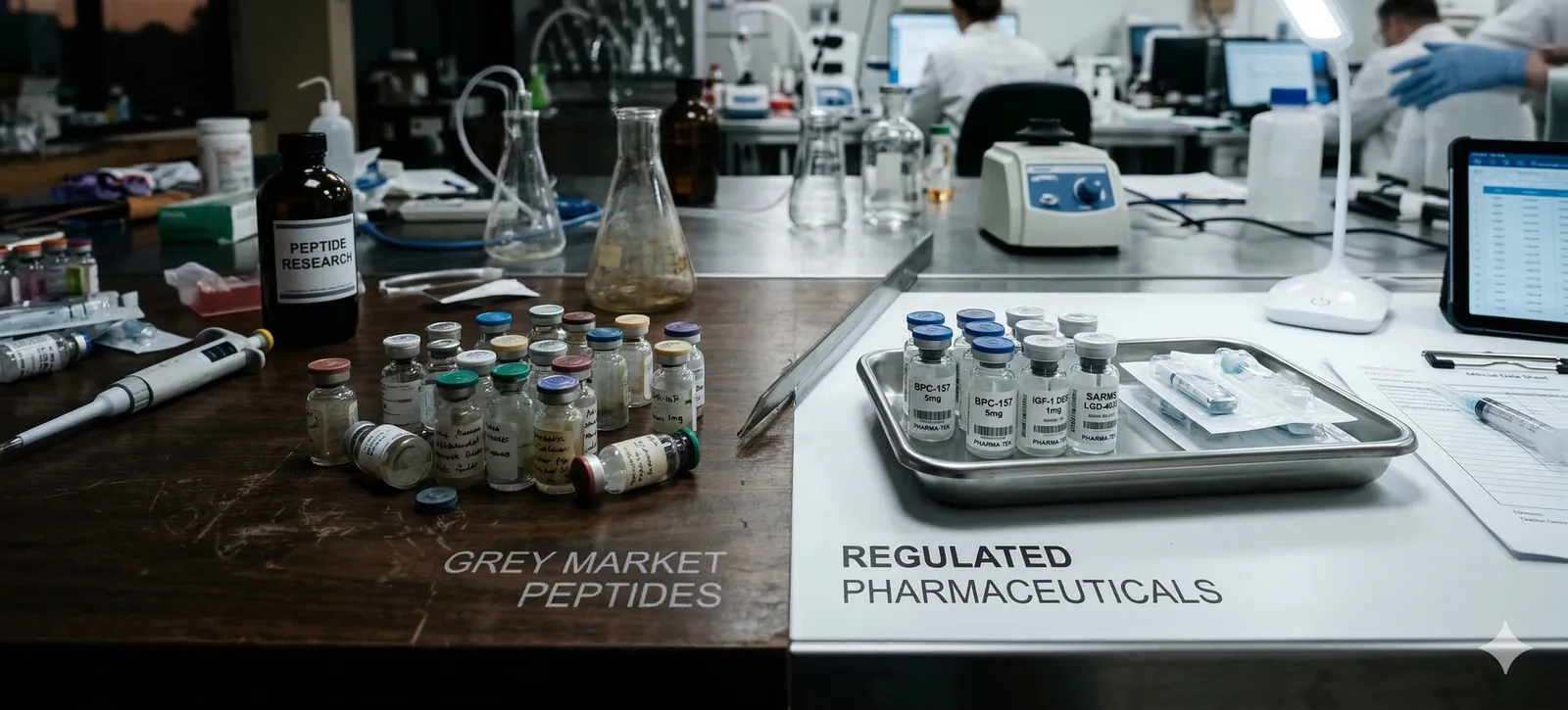 Visual contrast between gray-market peptide vials and regulated pharmaceutical compounds.