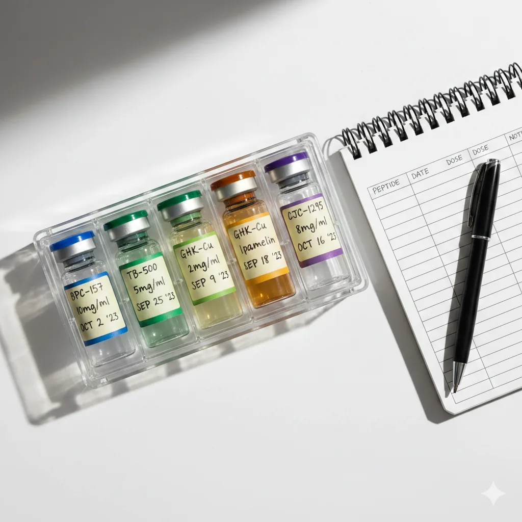 Vials of medication in a tray next to a notepad and pen, likely for tracking.