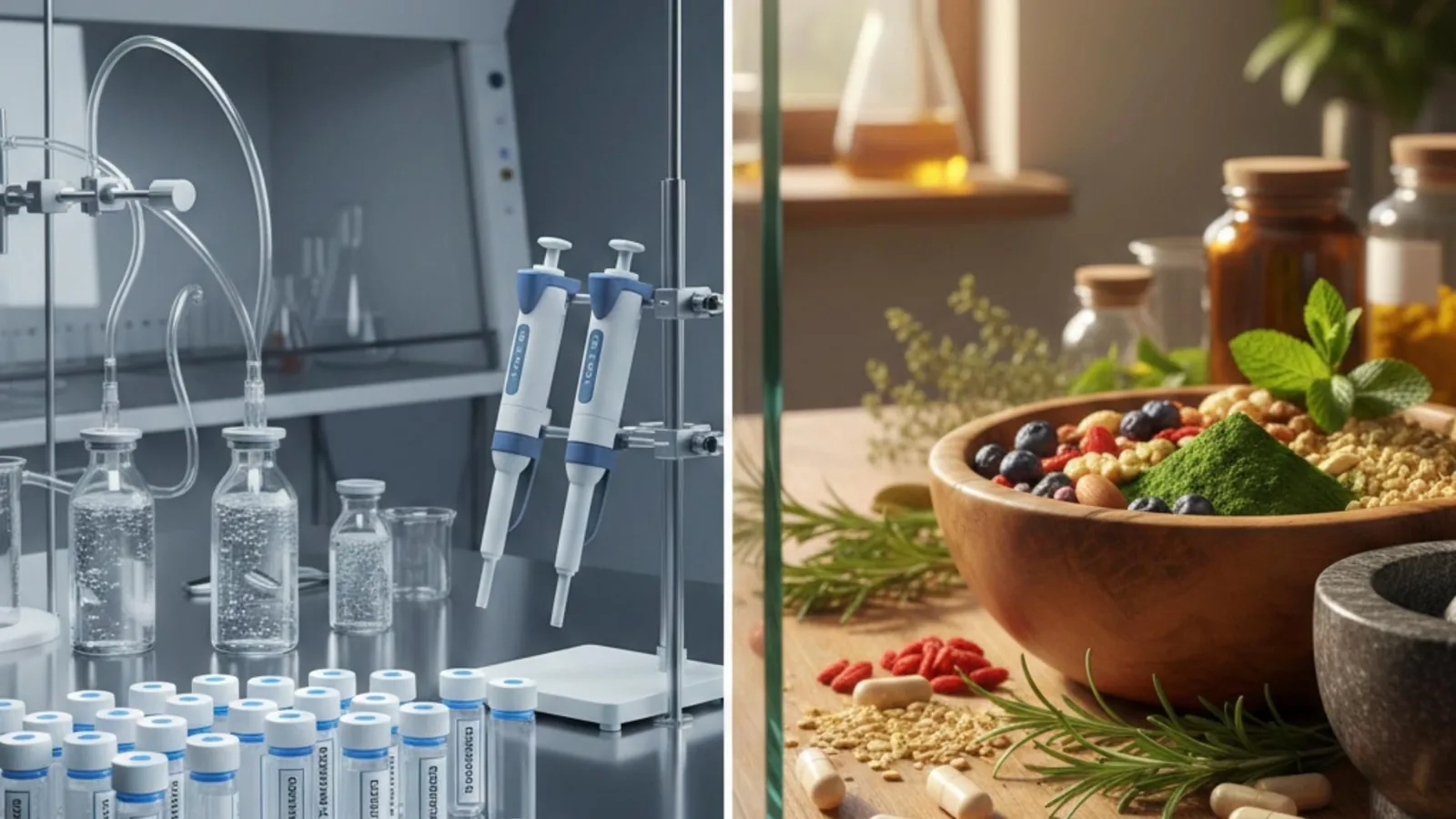 Split visual contrasting peptide vials in laboratory with herbs and natural supplements in wooden bowl