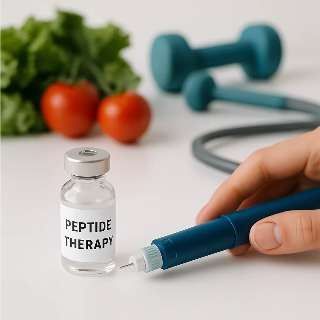 Hand holding a pen injector near a vial labeled "Peptide Therapy," with tomatoes, lettuce, and dumbbells in the background.