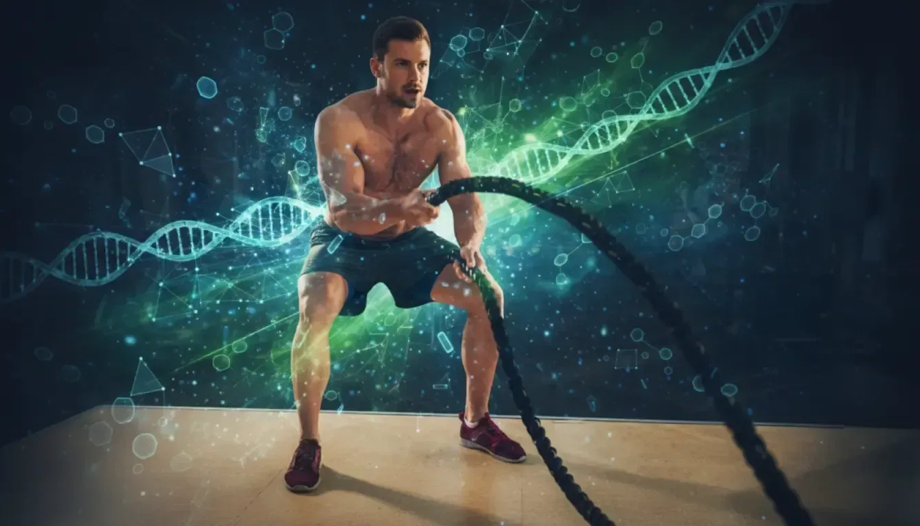 Muscular athlete with glowing DNA strands representing peptide-driven athletic optimization