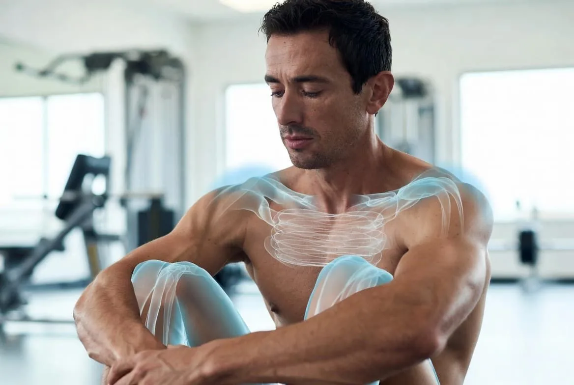 A lean athlete rests between sets with a soft anatomical overlay tracing the upper body, suggesting the signals peptides act on.