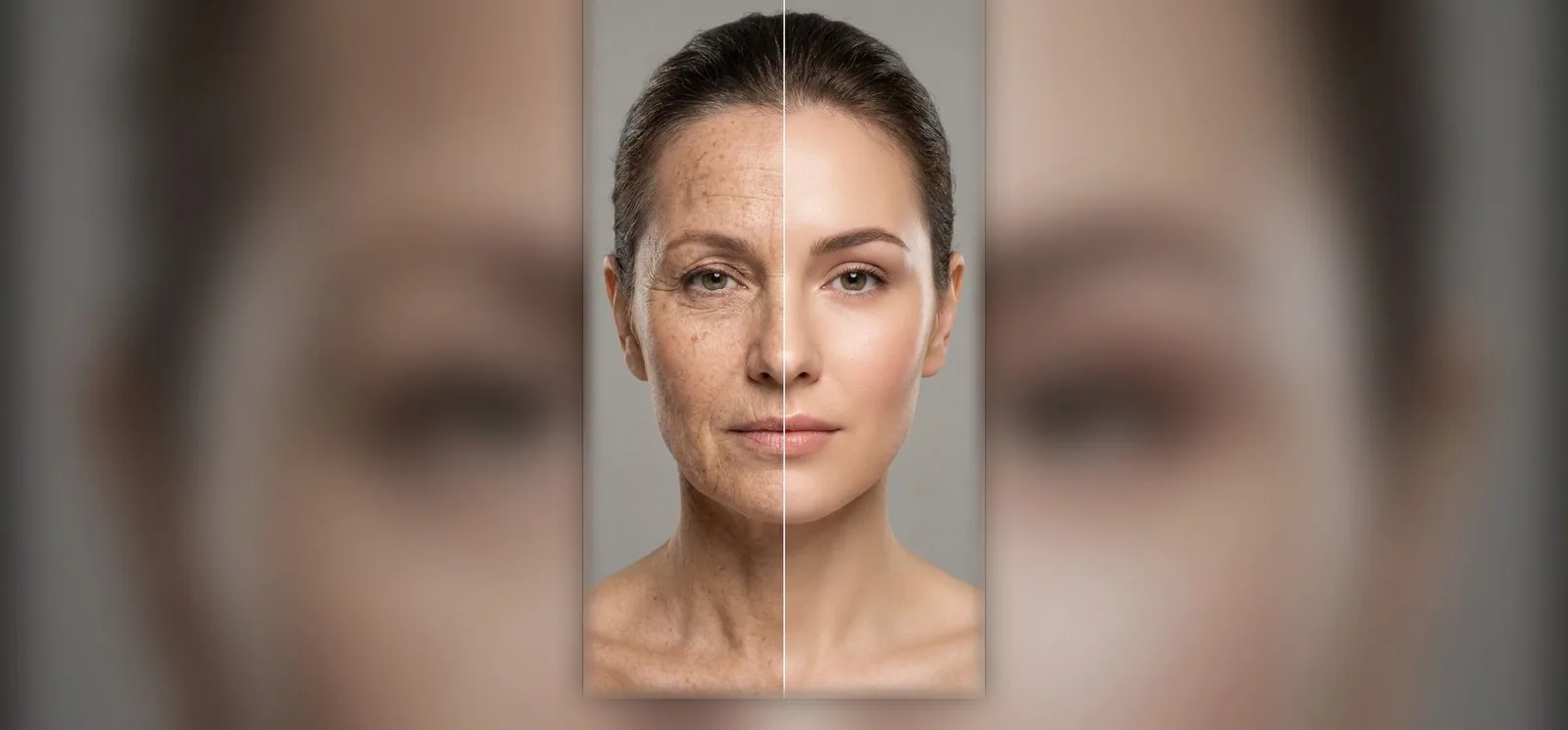 Split-face comparison showing aged skin on one side and rejuvenated skin on the other, illustrating peptide-driven skin renewal