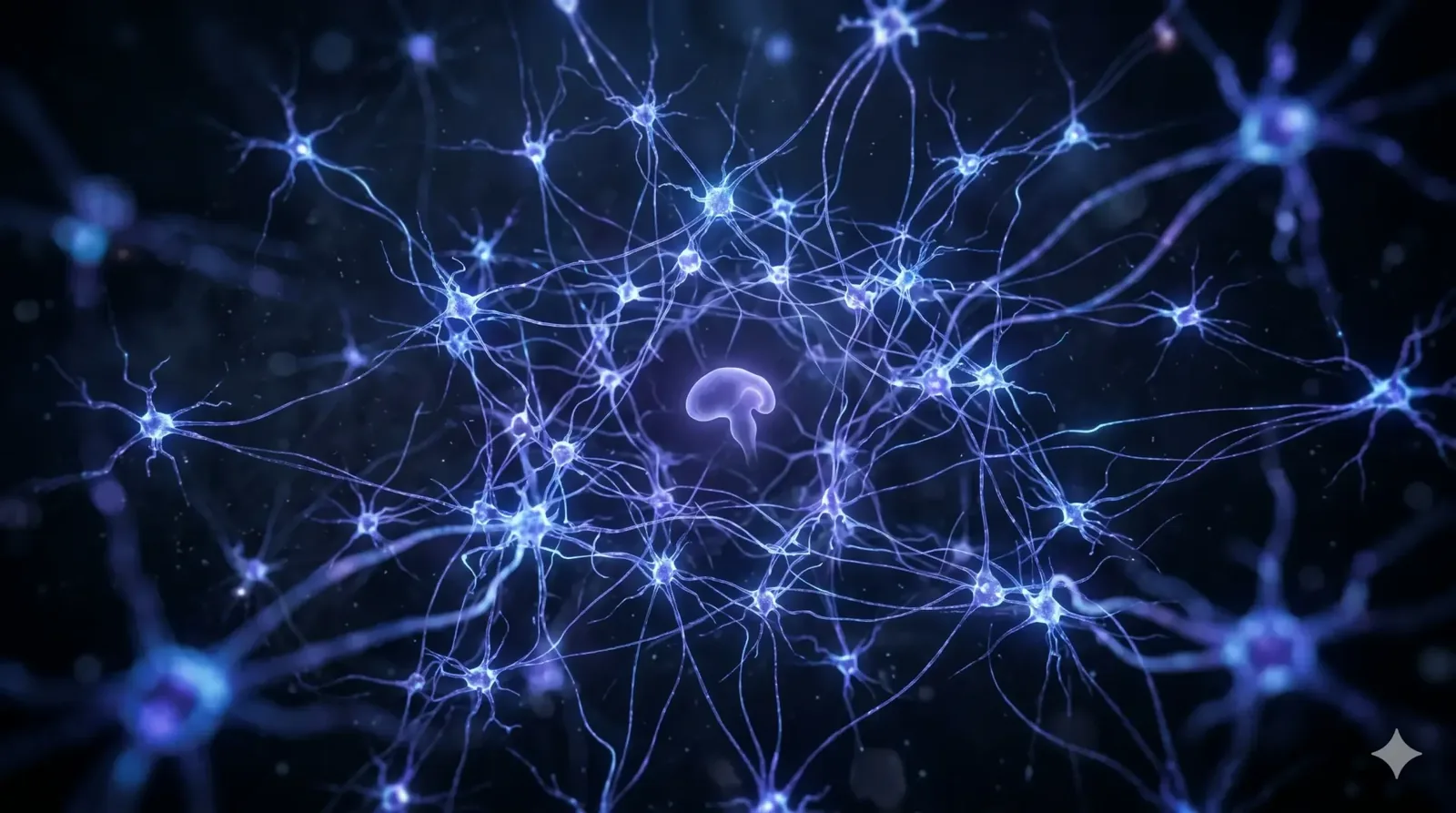 Glowing neural network with pineal gland at center representing Pinealon peptide bioregulation effect