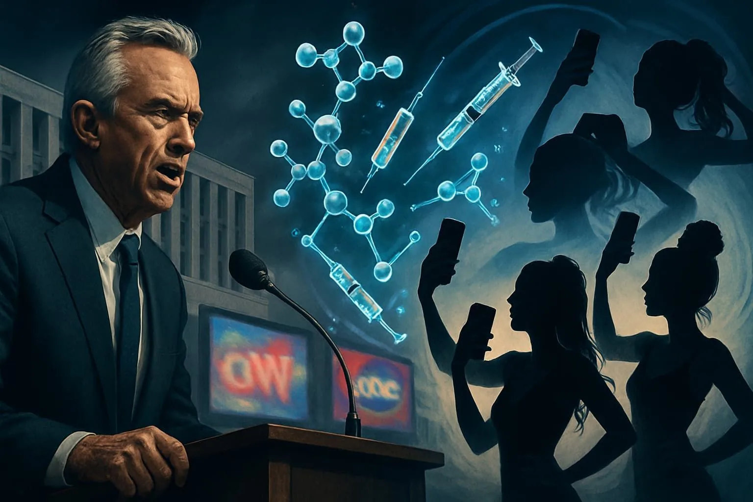 RFK Jr. at a podium with peptide molecules, syringes, news screens, and influencers with phones.