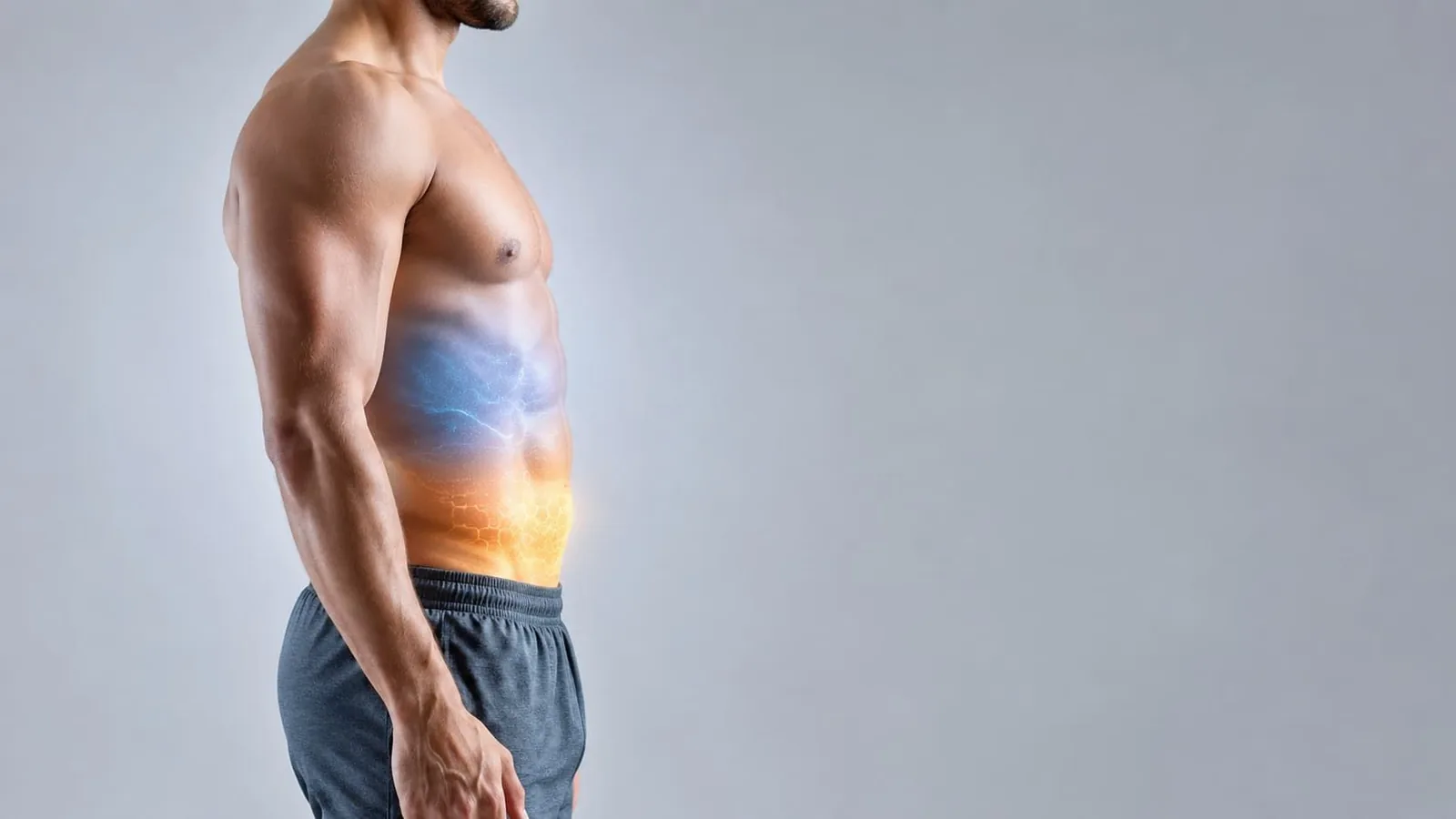 Side profile of a lean male torso with a glowing abdominal overlay representing visceral fat reduction and metabolic activity