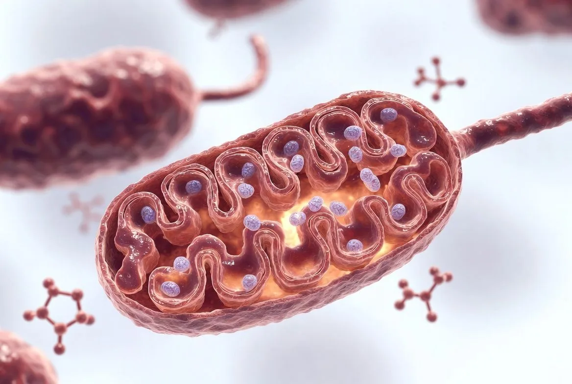 Close-up cross-section of mitochondrion cristae with ATP production glow and testosterone molecules