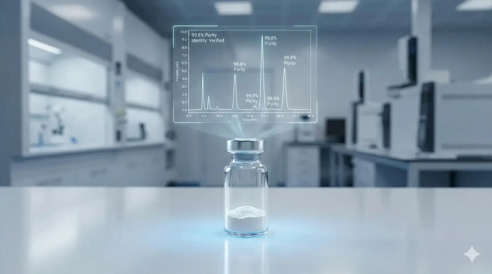 Single peptide vial on lab bench with chromatography analysis equipment glowing in background