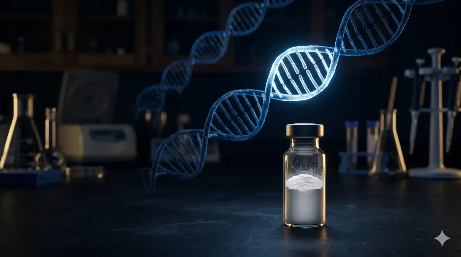 Vilon peptide vial with chromatin DNA strands in scientific research illustration