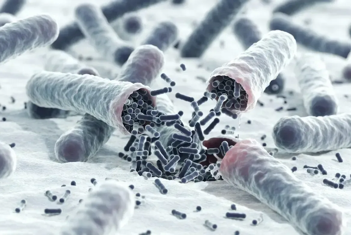 Scientific illustration of antimicrobial peptides disrupting a bacterial cell membrane.