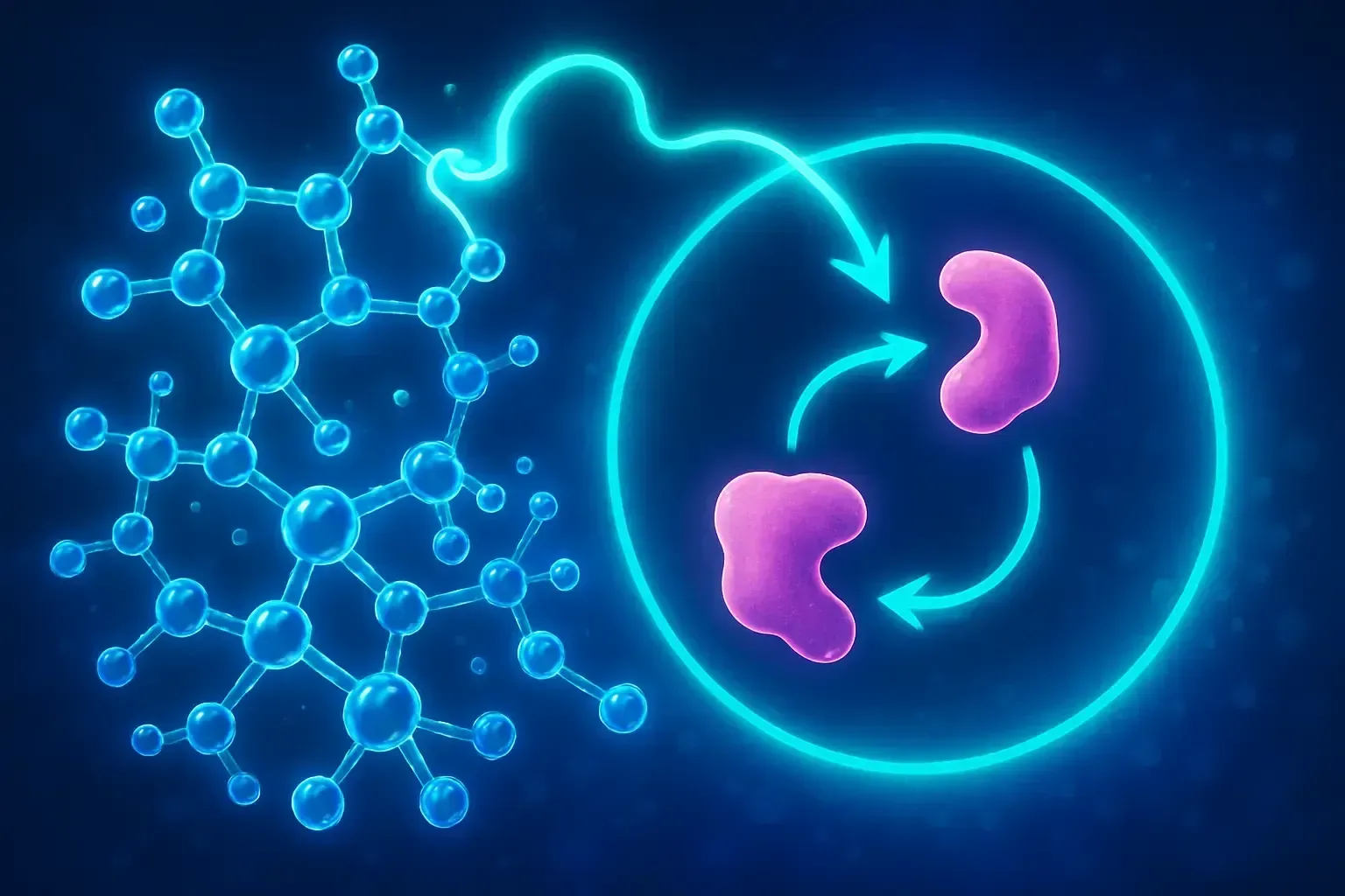 Blue molecular structure connected to a circular diagram of pink, blob-like shapes, illustrating peptides as molecular messengers.