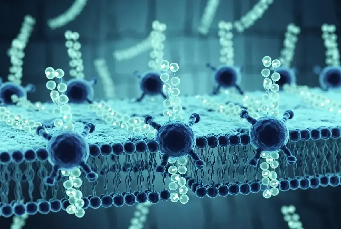 Stylized blue molecular structure with glowing particles on a membrane-like surface