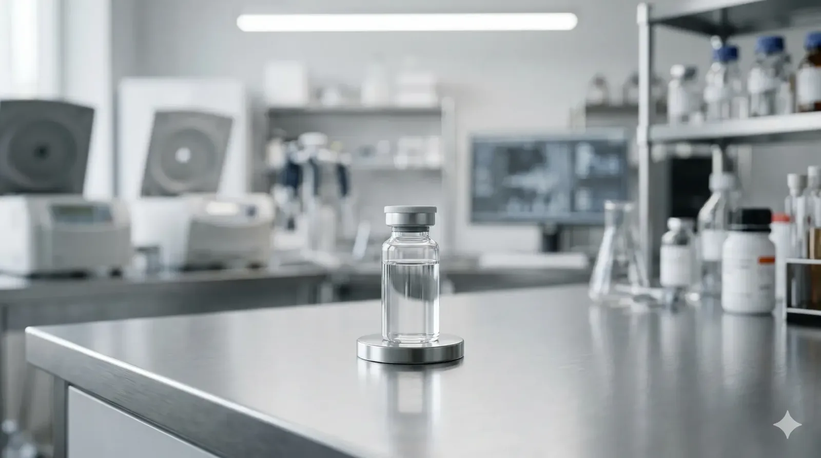 A peptide vial on a laboratory bench, illustrating research-grade peptide support.
