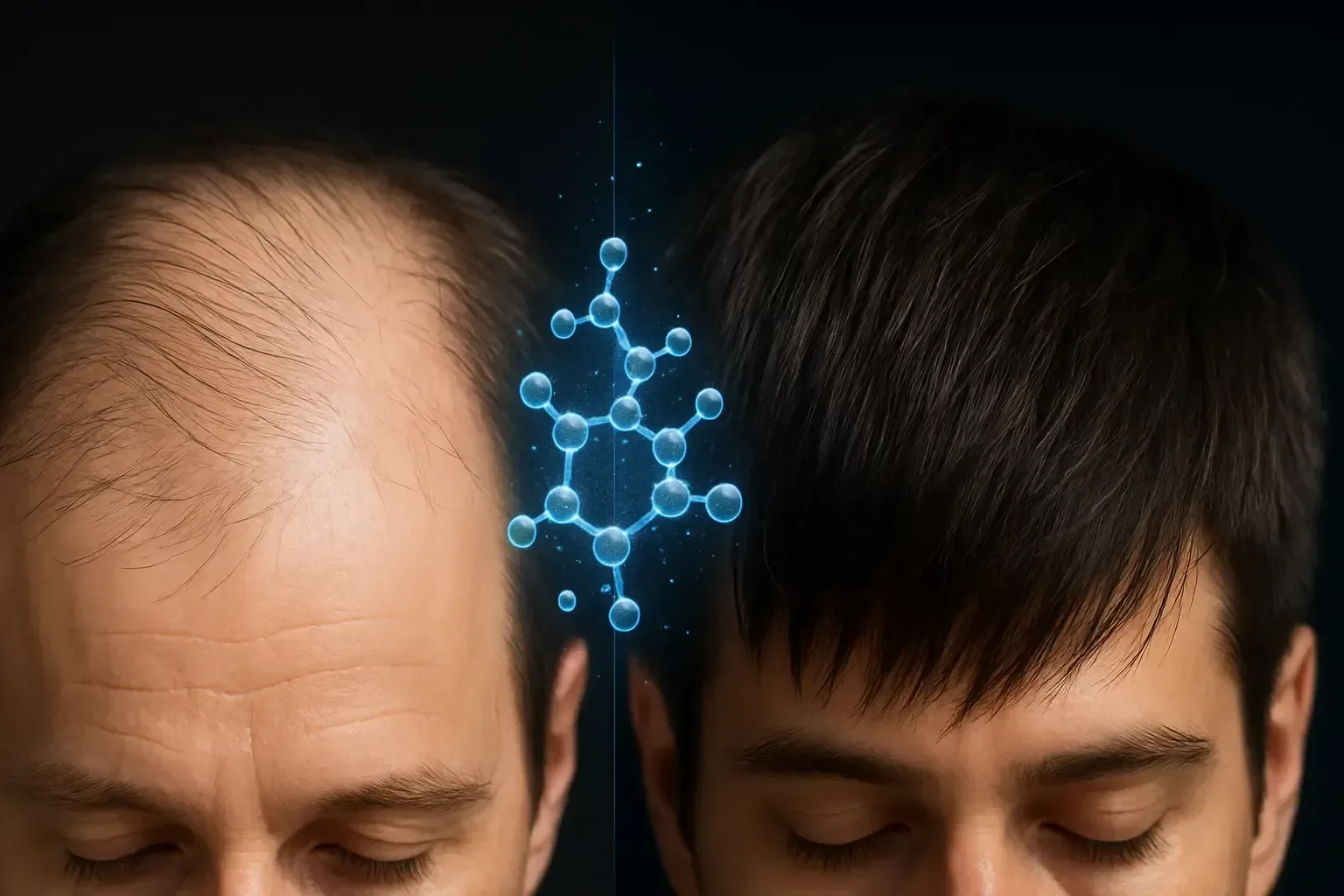 Balding head transforms to full hair, linked by glowing blue molecular structure